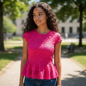 Moda International Fuchsia Lace Peplum Blouse